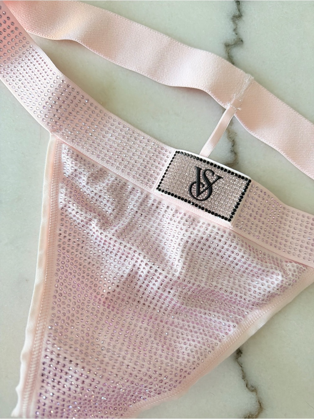 Victoria's Secret Pale Pink Rhinestone Thong NWT large shine strap bling